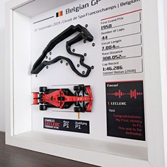 a race car on display in a white frame with information about the track and details