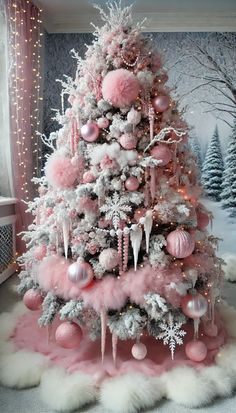 Fur Garland On Christmas Tree, Unicorn Christmas Tree, Christmas Tree Colour Scheme, Pink Christmas Tree Decorations, Unusual Christmas Trees, Contemporary Christmas Trees, Decorative Trees, Christmas Tree Decorations Ideas