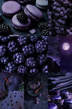 an assortment of pastries and desserts are displayed in this collage with purple hues