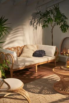 a living room with wicker furniture and potted plants