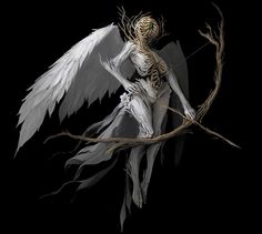 an angel sitting on top of a tree branch in the dark with white wings and branches around it