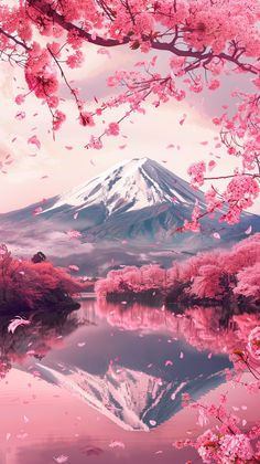 a mountain covered in pink flowers next to a body of water