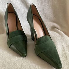 Brand New With Tag ( Never Worn) These Are Beautiful Green Leather With Suede Toe 5 Inch Block Heels. Purchased At Nordstrom Rack For $210.00. Size 7.5 As Shown In Picture And True To Size No Box Available Very Classy With Slacks, Skirts Or Dresses. Original Price $350.00 Elegant Green Leather Heels, Classic Green Leather Heels, Green Square Toe Heels For Formal Occasions, Green Almond Toe Heels For Office, Green Heels With Deep Heel Cup For Formal Occasions, Elegant Green Court Shoes With 4-inch Heel, Green Leather Pointed Toe Heels, Green Leather Heels With Pointed Toe, Elegant Green Square Toe Heels