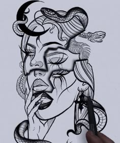 a drawing of a woman's face with snakes on her head and the moon behind her