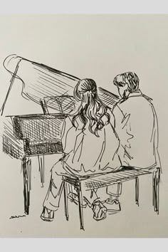 a drawing of two people sitting at a piano