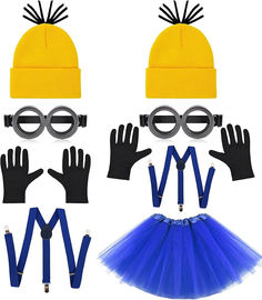 two hats, gloves and glasses are shown with blue tutu skirts on them as well as yellow knitted beanie