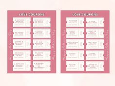 two coupons with the words love coupons written in pink and white on them