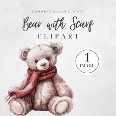 a brown teddy bear wearing a red scarf sitting on top of a white background with the words, bear with scarf clipart 1 image