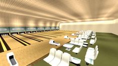 this is an image of a bowling alley with white chairs and lanes lined up in rows