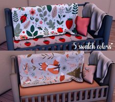 the baby crib bedding is made up of different patterns and colors, including strawberrys