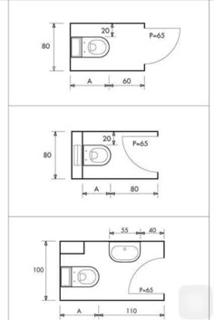 three different views of a bathroom with the measurements for each sink and toilet, along with two