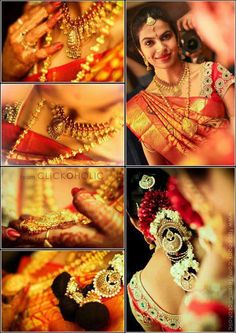 a collage of photos showing different types of jewelry on the bride's face