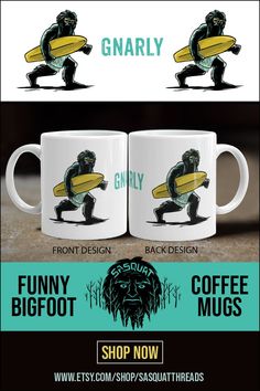 two coffee mugs with the words gnarly on them and an image of a gorilla holding a surfboard