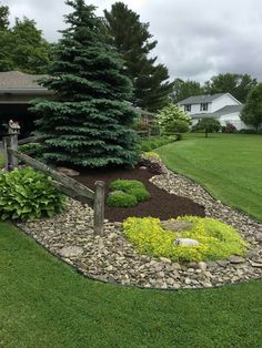 a garden with rocks and plants in the middle, along side a house on a cloudy day