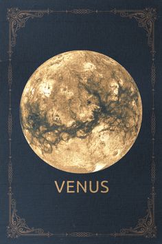 an image of the planet venus in gold on a dark blue background with ornate border around it