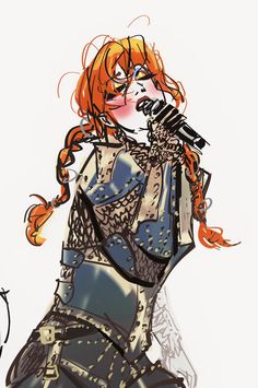 a drawing of a woman with red hair holding a microphone