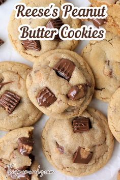 reese's peanut butter cookies on a white plate with chocolate chips in the middle