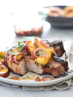 Grilled Pork Chops with Spicy Balsamic Grilled Peaches Bbq Pork Ribs, Pork Rib Recipes, Easy Grilling, Grilled Pork Chops, Foodie Crush, Grilled Peaches, Peach Recipe, Bbq Pork, Grilled Pork