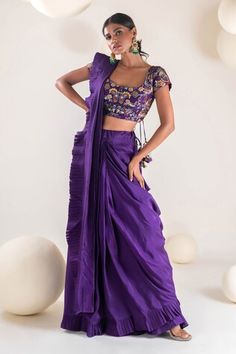 Purple pre-draped saree. Paired with a blouse with resham, suta hand embroidery in floral pattern. - Aza Fashions Festive Draped Silk Sets, Silk Draped Choli With Pallu, Designer Pre-draped Saree Set, Silk Draped Blouse For Diwali, Pre-draped Saree Style Lehenga, Silk Draped Sets For Diwali, Diwali Silk Draped Sets, Diwali Draped Silk Blouse, Diwali Draped Silk Sets