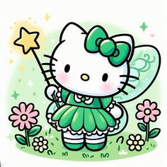 a hello kitty fairy with her green dress and stars in the sky, standing next to flowers