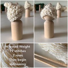 three pictures showing how to make yarn balls with wooden dows and knitting needles on the table