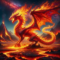 a red and yellow dragon sitting on top of a rocky hill covered in lavas