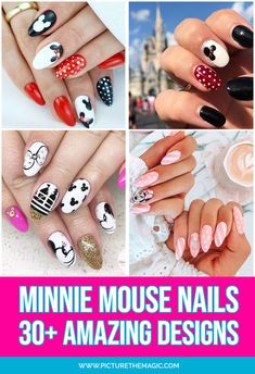 Minnie Mouse nails!! Get inspired to make true Minnie Mouse nail art with these magical designs. Get the Minnie Mouse look...here's how. #minniemouse #minniemousenails Minnie Mouse Fingernails, Disney Nails Design Goofy, Disney Nails With Decals, Easy Disney Nails For Beginners, Mickey Mouse Fingernails, Disney Sns Nails Designs, Almond Shaped Nails Designs Disney, Mickey Minnie Nails Design, Disney Inspired Nails Acrylic Simple