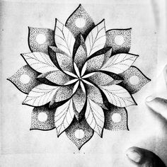 a drawing of a flower with leaves and dots on the petals is being held by someone's hand