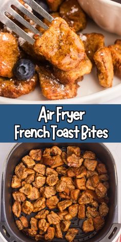 air fryer french toast bites with blueberries in the bottom and on the top