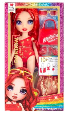 the doll has red hair and blue eyes