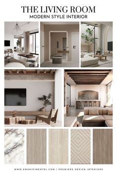 the living room modern style interior is shown in beige and white tones with wood accents