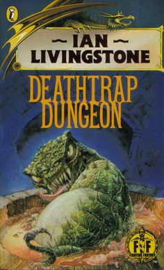 Down in the dark twisting labyrinth of Fang, unknown horrors await you!  Countless adventurers before you have taken up the challenge of the Trial of Champions, but not one has survived. Devised by the devilish mind of Baron Sukumvit, the labyrinth is riddled with fiendish traps and hideous creatures of darkness to trick and test you almost beyond the limits of endurance! Deathtrap Dungeon, Horror Book Covers, Fantasy Novel, Fantasy Adventure, Play Book