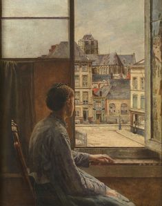 a painting of a woman sitting in front of a window looking out at the city