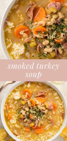 two bowls of smoked turkey soup with rice and carrots