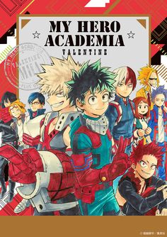 the cover to my hero academy valentine, with an anime character surrounded by other characters