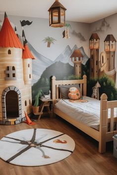 Bedroom resembling an enchanted castle perfect for a toddler boy. Castle Nursery Theme, Child Bedroom Ideas, Castle Playroom, Prince Bedroom, Castle Bedroom Kids, The Little Prince Nursery, Furniture Design Bedroom, Furniture Ideas Bedroom