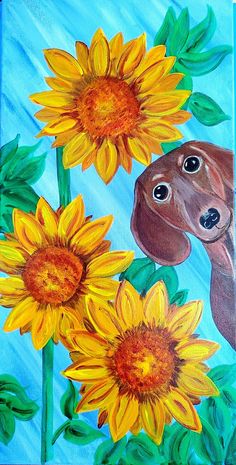 a painting of a dachshund and sunflowers on a blue background