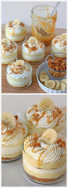 desserts with bananas and whipped cream in glass dishes