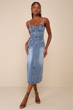 Channel all the cutest Y2K vibes with the Lulus Trendsetting Gal Medium Wash Bustier Bodycon Midi Dress! Sturdy cotton-blend denim shapes a bustier bodice with a seamed cups, a sweetheart neckline, and adjustable spaghetti straps. Banded waist tops a bodycon skirt that has three, jeans-style front pockets. Light fading accents the skirt as it falls to a midi hem with a back kick pleat. Hidden zipper at back. Fit: This garment fits true to size. Length: Mid-calf length. Size medium Bust: Great fo Denim Spaghetti Strap Dress, Denim Corset Dress, Midi Dress Outfit, Midi Dress Blue, Y2k Dresses, Denim Midi Dress, Denim Corset, Lulus Dresses, Y2k Vibes