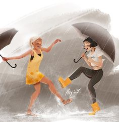 two people are running in the rain with umbrellas