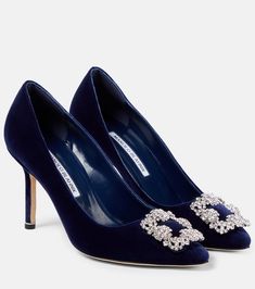 Hangisi 90 embellished velvet pumps in blue - Manolo Blahnik | Mytheresa Manolo Blahnik Blue, Navy Blue Pumps, Navy Blue Heels, Shoes Heels Classy, Blue Pumps