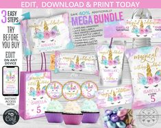 the unicorn birthday package includes cupcakes, candy bags and other items to make it look