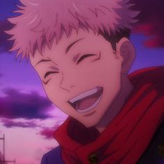 an anime character with pink hair laughing and wearing a red scarf over his shoulder, in front of a purple sky