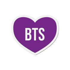 a heart shaped sticker with the words bts in white letters on purple background