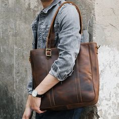 Men Tote Bag with Leather Strap Brown Laptop Bag With Leather Handles For On-the-go, Business Tote Shoulder Bag With Top Carry Handle, Business Bucket Bag With Leather Handles Tote, Business Bucket Bag With Leather Handles, Business Bucket Bag With Leather Handles In Tote Shape, Everyday Briefcase With Leather Handles, Everyday Laptop Bag With Adjustable Strap And Double Handle, Large Capacity Leather Shoulder Briefcase, Leather Shoulder Briefcase With Large Capacity