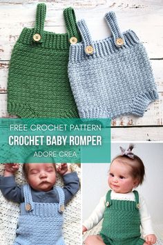 crochet baby romper pattern for babies and toddlers with pictures of them