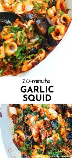 two pictures of different types of food with the words 20 - minute garlic squid in them