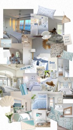 a collage of blue and white bedding with sea themed decor on it's sides