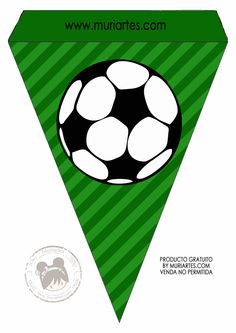 a green and white banner with a soccer ball in the center on top of it