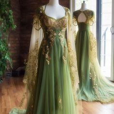 Green Elven Gown, Green Celtic Wedding Dress, Celtic Prom Dress, Moss Green Wedding Dress, Classy Elegant Prom Dresses Emerald Green, Fantasy Nature Dress, Green Fairy Dress Aesthetic, Green Fairy Wedding Dress, Nature Dress Forests